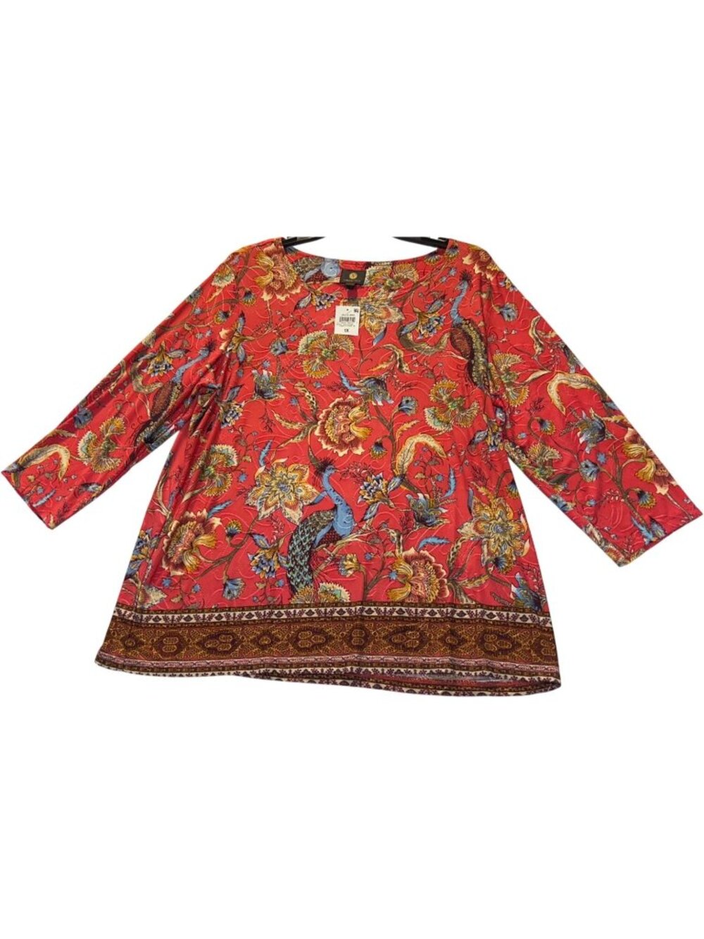 JM Collection Womens 1X Red Floral Jacquard Tunic Top Peacock Design 3/4 Sleeve